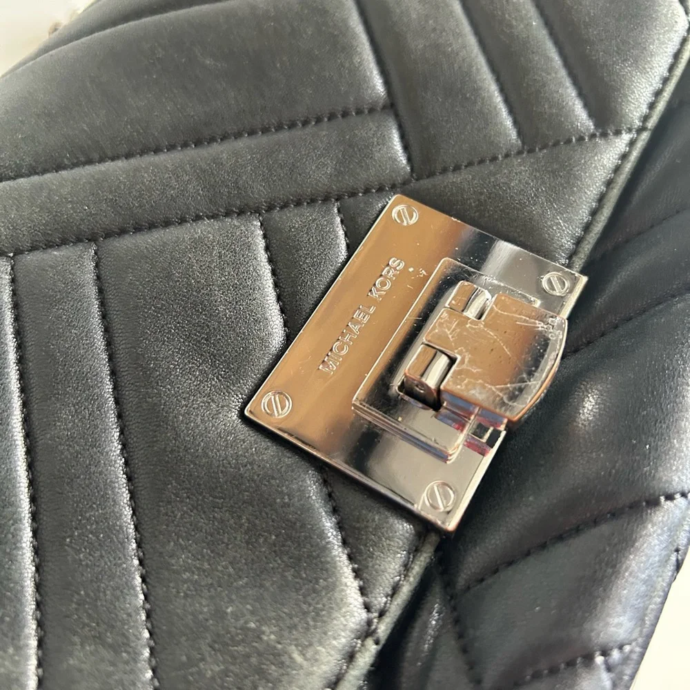 Michael Kors Black Quilted Shoulder Bag with Silver Chain